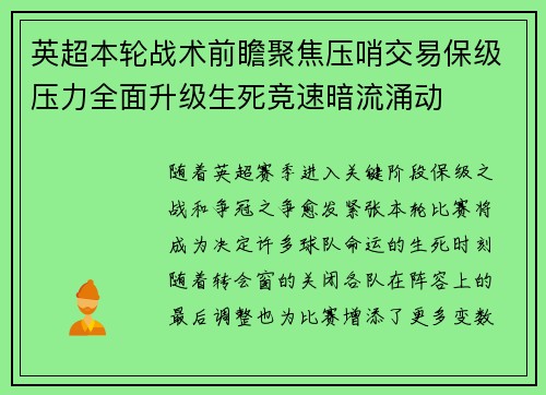 英超本轮战术前瞻聚焦压哨交易保级压力全面升级生死竞速暗流涌动 英超本轮战术前瞻聚焦压哨交易保级压力全面升级生死竞速暗流涌动